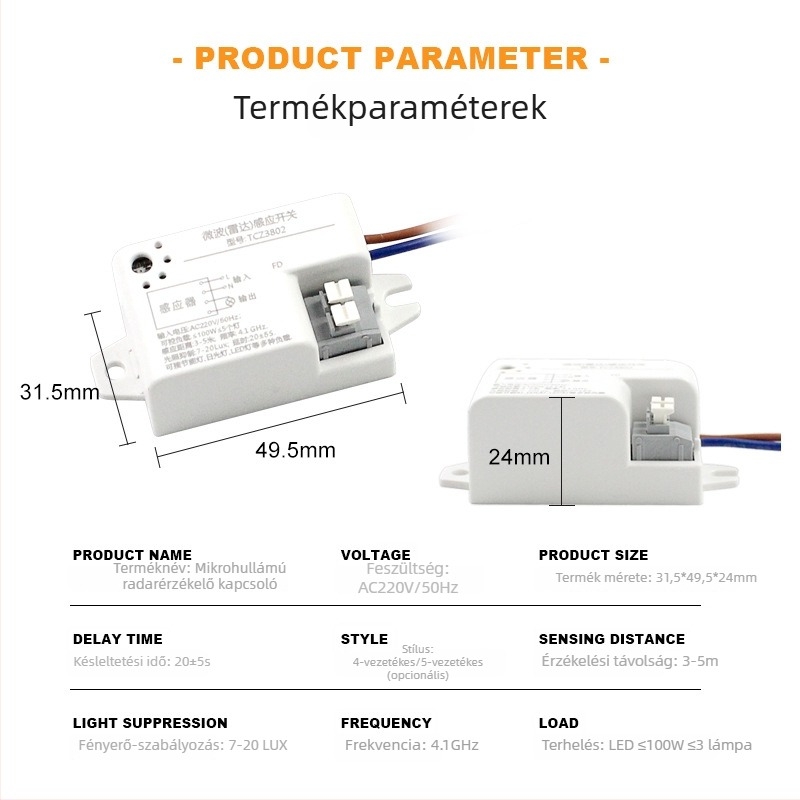 Mikrohullámú mozgásérzékelő 220V, 100W, radaros és fényérzékelős, intelligens otthoni világításhoz