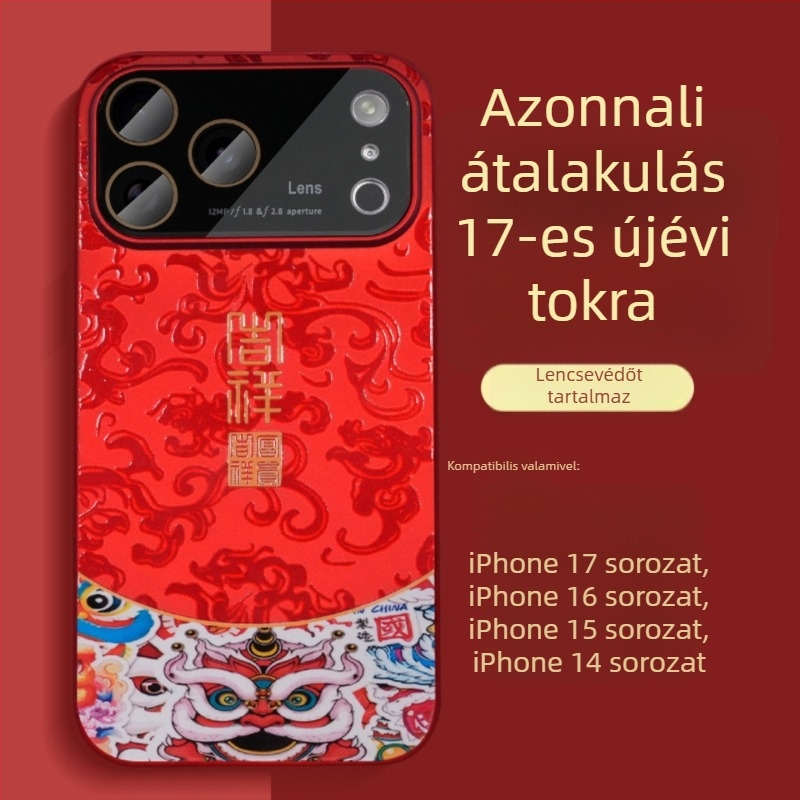 Piros kemény tok iPhone 17 Pro és iPhone 17 Pro Max számára, kínai stílusú festett felület, ütésálló és ujjlenyomat-mentes védelem.