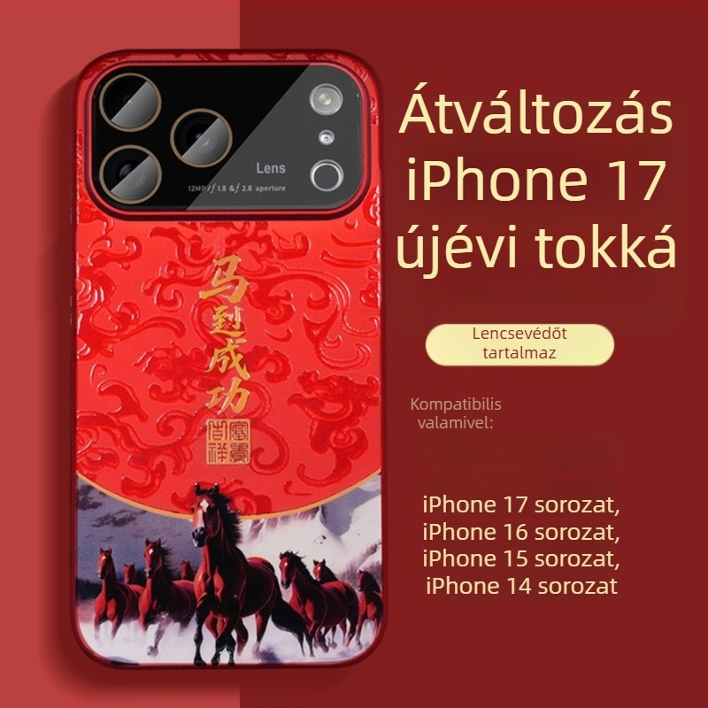Piros kemény tok iPhone 17 Pro és iPhone 17 Pro Max számára, kínai stílusú festett felület, ütésálló és ujjlenyomat-mentes védelem.