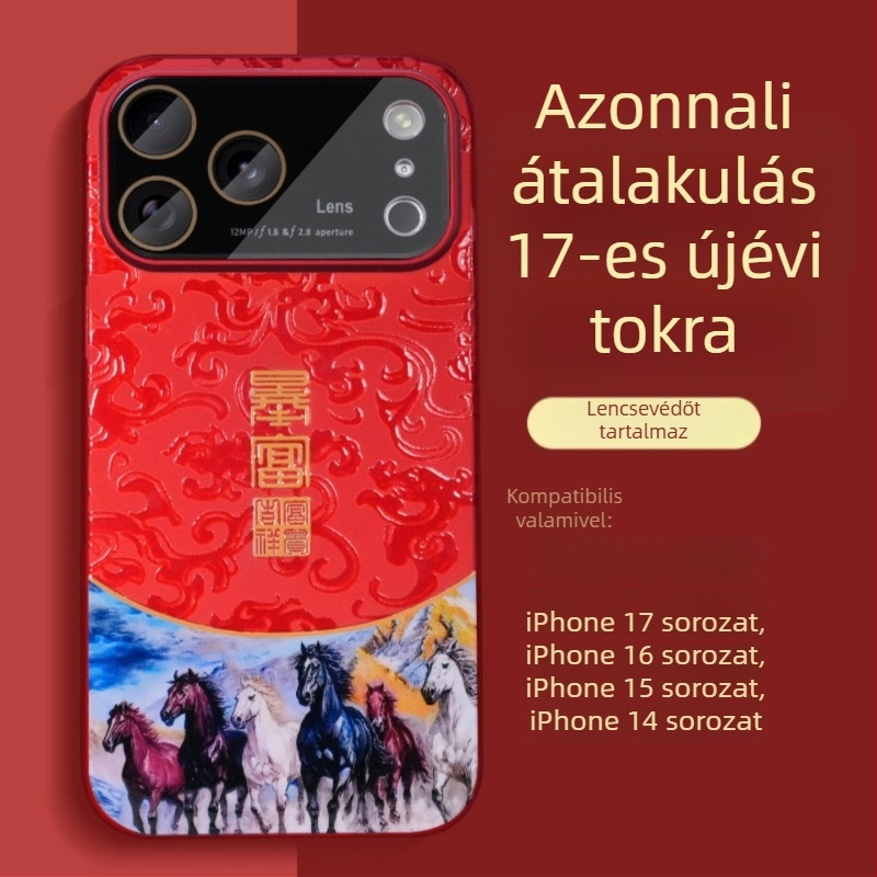 Piros kemény tok iPhone 17 Pro és iPhone 17 Pro Max számára, kínai stílusú festett felület, ütésálló és ujjlenyomat-mentes védelem.
