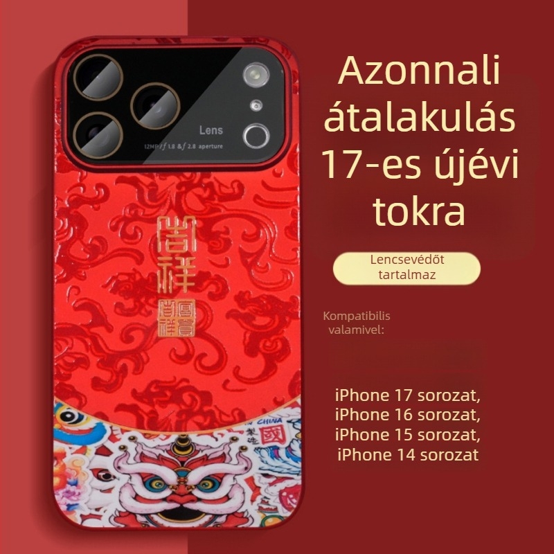 Piros kemény tok iPhone 17 Pro és iPhone 17 Pro Max számára, kínai stílusú festett felület, ütésálló és ujjlenyomat-mentes védelem.