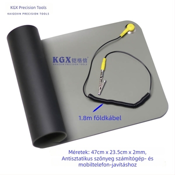 Antisztatikus asztali matrac elektronikai javításhoz, hőálló gumiból készült, csúszásmentes felülettel és földelő karkötővel.