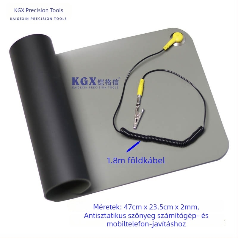 Antisztatikus asztali matrac elektronikai javításhoz, hőálló gumiból készült, csúszásmentes felülettel és földelő karkötővel.
