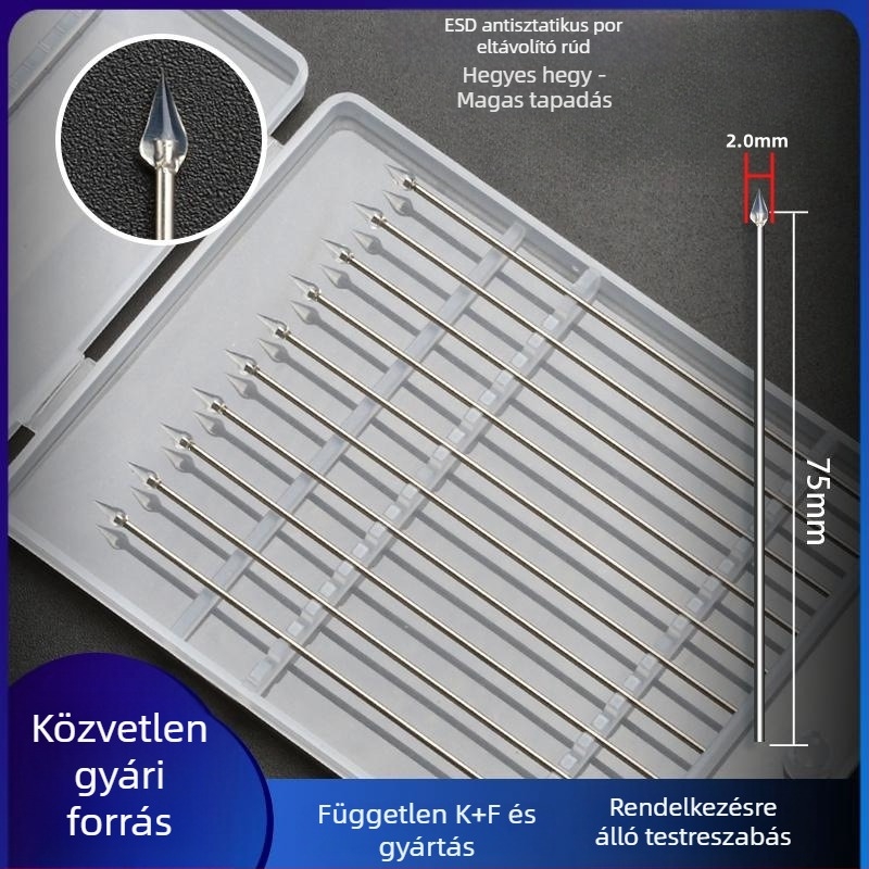 Magas viszkozitású poreltávolító pálca hegyes végű, rozsdamentes acél nyéllel, antisztatikus, nyom nélkül; alkalmas elektronikai eszközökhöz, chip modulokhoz, lencsékhez és kamerákhoz.