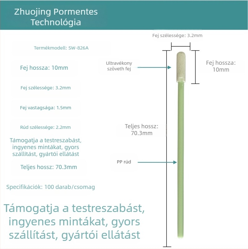 Antisztatikus tisztító pálca ultrafin pormentes mikroszálas fejjel, sík fejű SW-826A, teljes hossz 70 mm