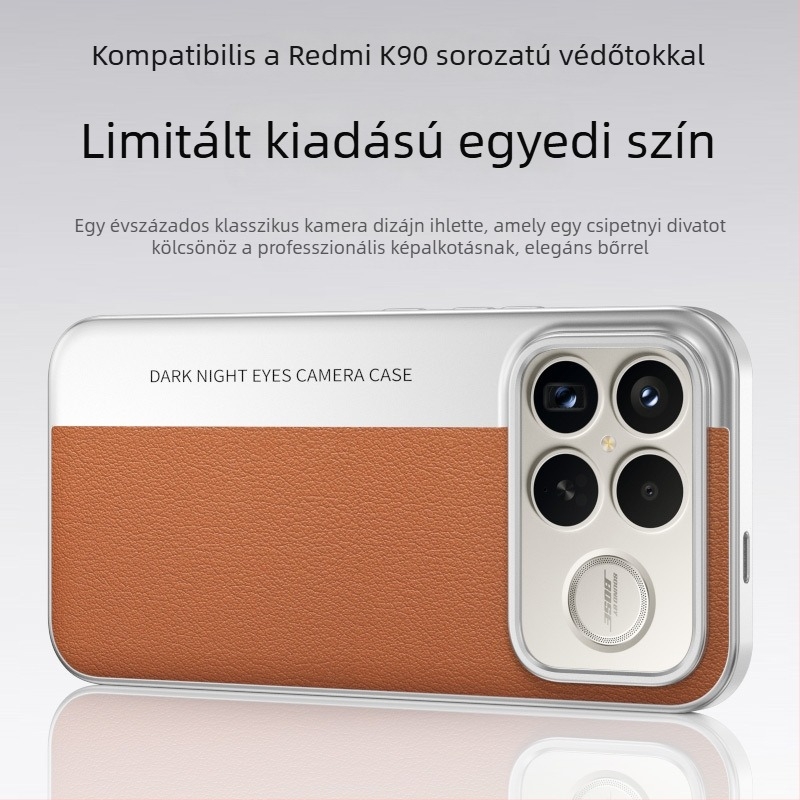 Redmi K90 Pro Max védőtok kamera-stílusban, bőrhatású textúrával, limitált szín, ütésálló