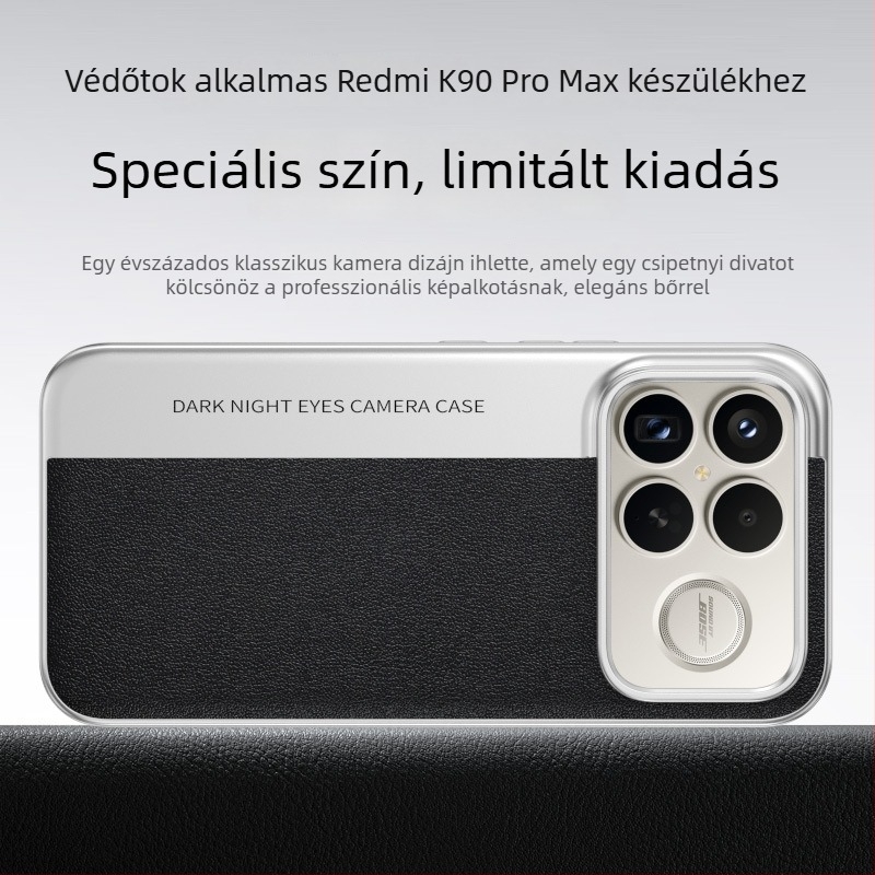 Redmi K90 Pro Max védőtok kamera-stílusban, bőrhatású textúrával, limitált szín, ütésálló