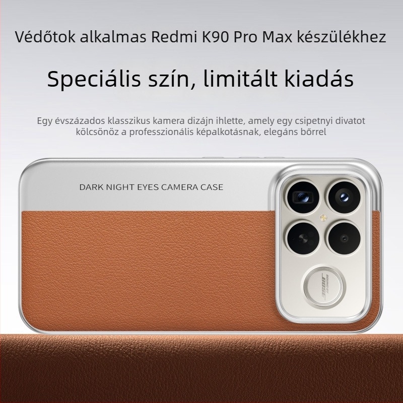 Redmi K90 Pro Max védőtok kamera-stílusban, bőrhatású textúrával, limitált szín, ütésálló