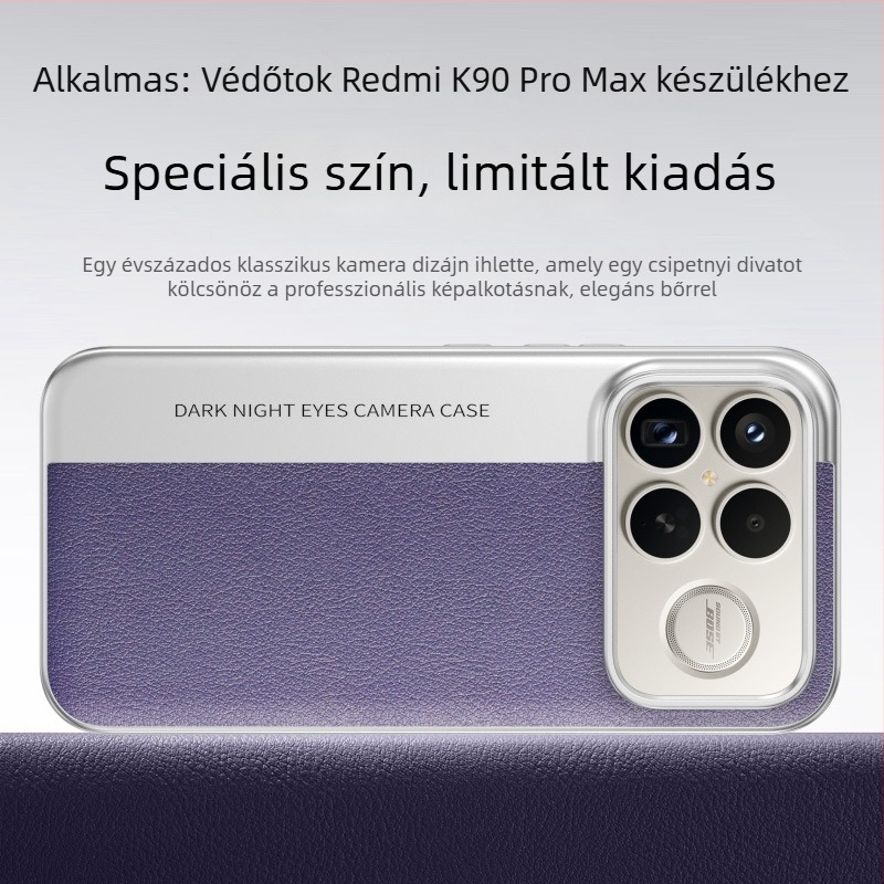 Redmi K90 Pro Max védőtok kamera-stílusban, bőrhatású textúrával, limitált szín, ütésálló