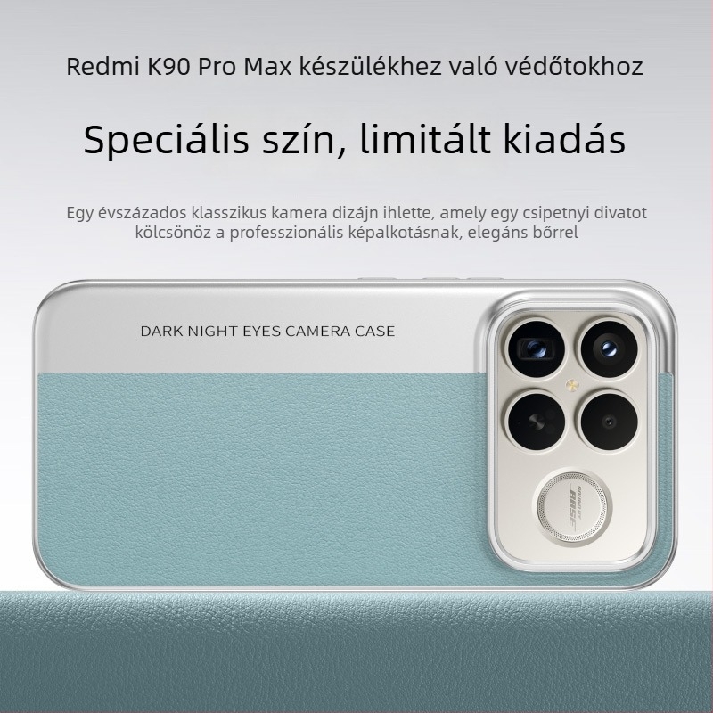 Redmi K90 Pro Max védőtok kamera-stílusban, bőrhatású textúrával, limitált szín, ütésálló
