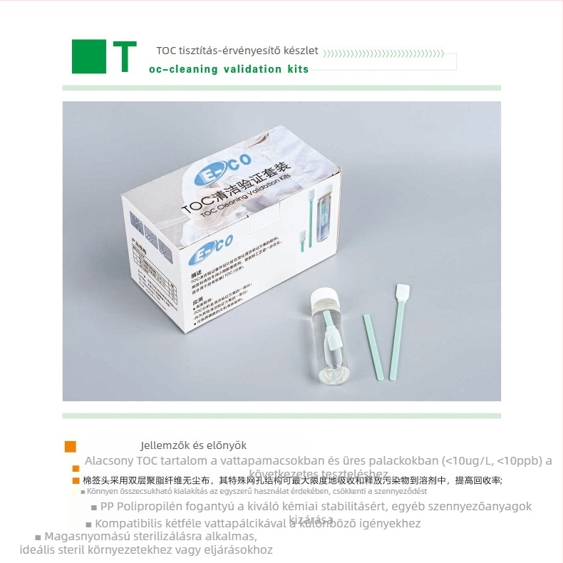 Low-TOC tisztaság-ellenőrző tampontok készlet, átlátszó üvegflakonban, felületi mintavételhez, antistatikus