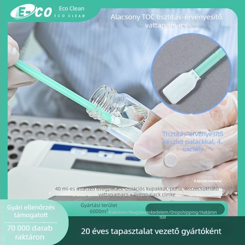 Low-TOC tisztaság-ellenőrző tampontok készlet, átlátszó üvegflakonban, felületi mintavételhez, antistatikus