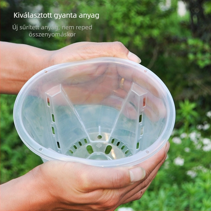 Phalaenopsis orchideára tervezett légoszlopos, átlátszó, extralarge átmérőjű kör alakú műanyag asztali virágtartó