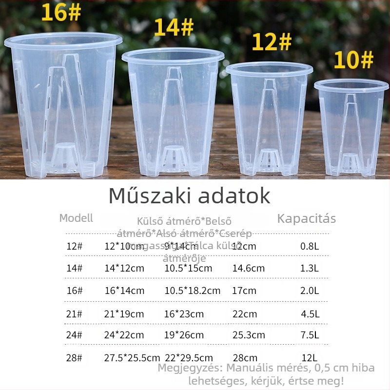 Phalaenopsis orchideára tervezett légoszlopos, átlátszó, extralarge átmérőjű kör alakú műanyag asztali virágtartó