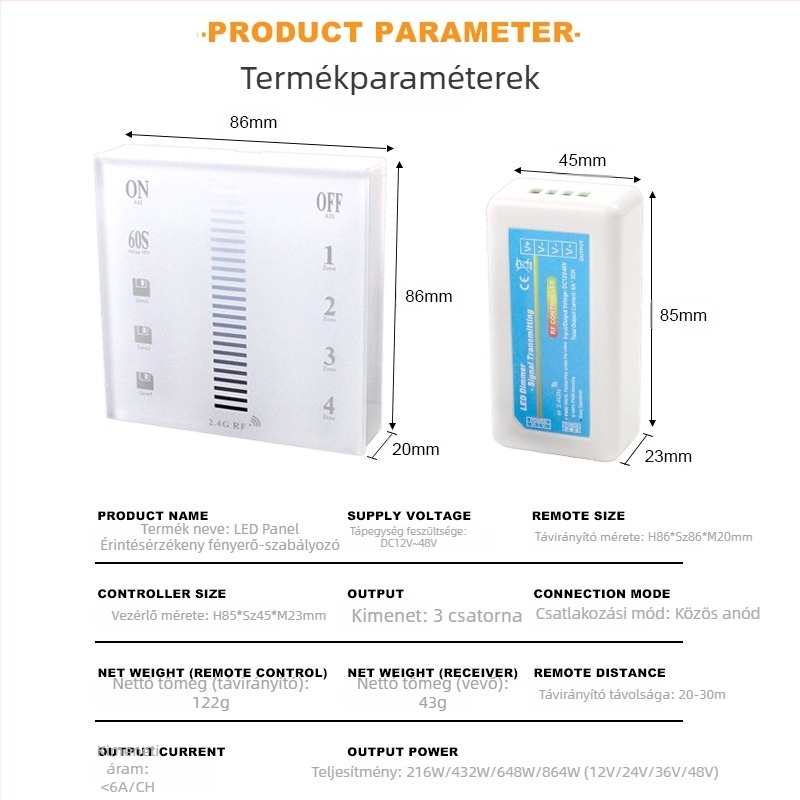 86 típusú érintős LED-dimmer vezérlő egyszínű LED-szalaghoz