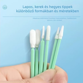 Ipari minőségű szálmentes tisztító pálca szivacs fejjel, szálmentes kendővel és változatos végződésekkel (kerek, széles, lapos, hegyes); zöld nyel