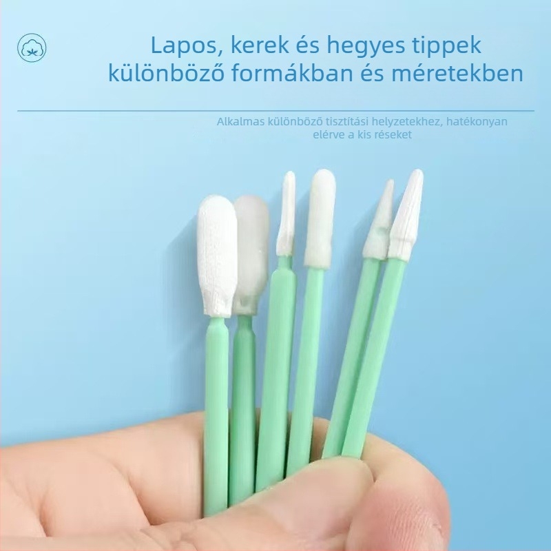 Ipari minőségű szálmentes tisztító pálca szivacs fejjel, szálmentes kendővel és változatos végződésekkel (kerek, széles, lapos, hegyes); zöld nyel
