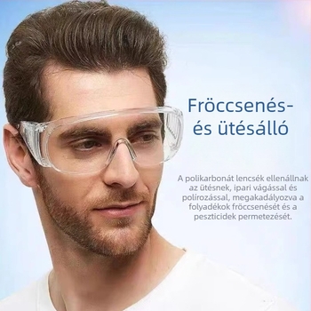 Laboratóriumi védő szemüveg, fröccsenés elleni, por elleni, párásodás elleni, szél és homok elleni védelem