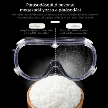 Polikarbonát védőszemüveg, anti-fog, állítható fejpánt, nagy látómező, fröccsenés-, por- és homokvédelem
