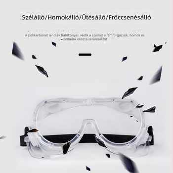 Polikarbonát védőszemüveg, anti-fog, állítható fejpánt, nagy látómező, fröccsenés-, por- és homokvédelem