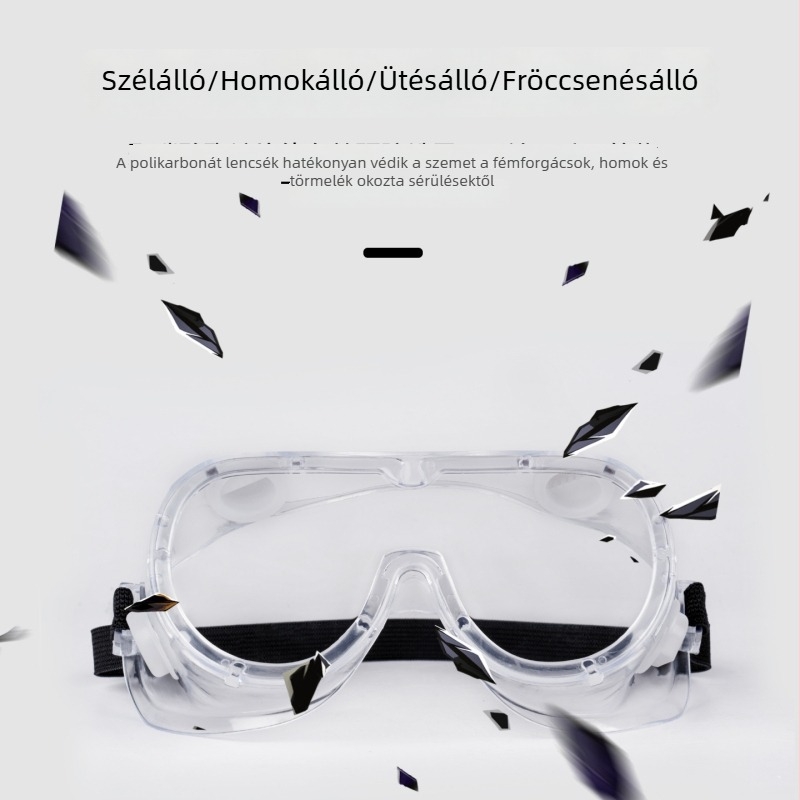 Polikarbonát védőszemüveg, anti-fog, állítható fejpánt, nagy látómező, fröccsenés-, por- és homokvédelem