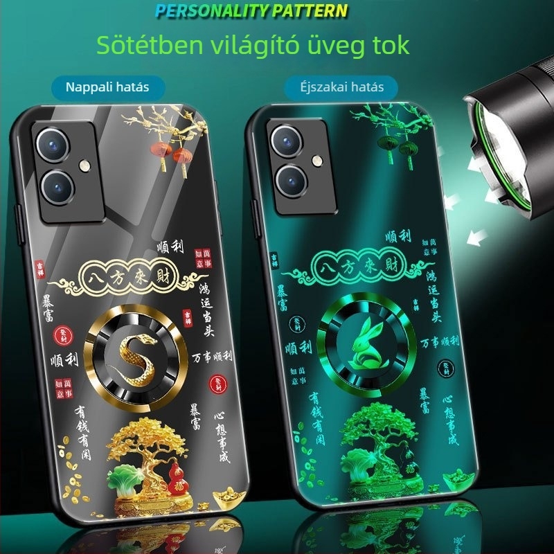 Vivo Y33S üveg tok, matt felülettel, foszforeszkáló fény, zodiákus motívum, kínai stílus, teljes védelem esések ellen