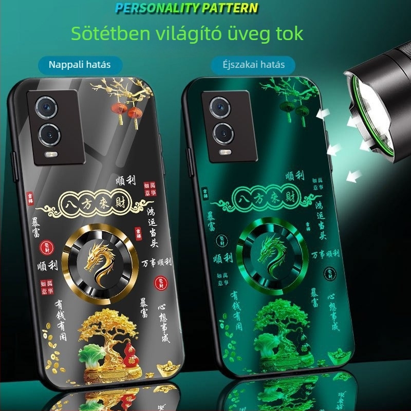 Vivo Y33S üveg tok, matt felülettel, foszforeszkáló fény, zodiákus motívum, kínai stílus, teljes védelem esések ellen