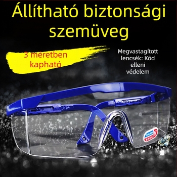 Védő szemüveg por-, páramentesítő és fröccsenés elleni védelemmel; átlátszó lencsék, lélegző kialakítás, állítható karok, kék keret.