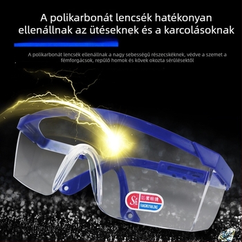 Védő szemüveg por-, páramentesítő és fröccsenés elleni védelemmel; átlátszó lencsék, lélegző kialakítás, állítható karok, kék keret.