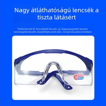 Védő szemüveg por-, páramentesítő és fröccsenés elleni védelemmel; átlátszó lencsék, lélegző kialakítás, állítható karok, kék keret.