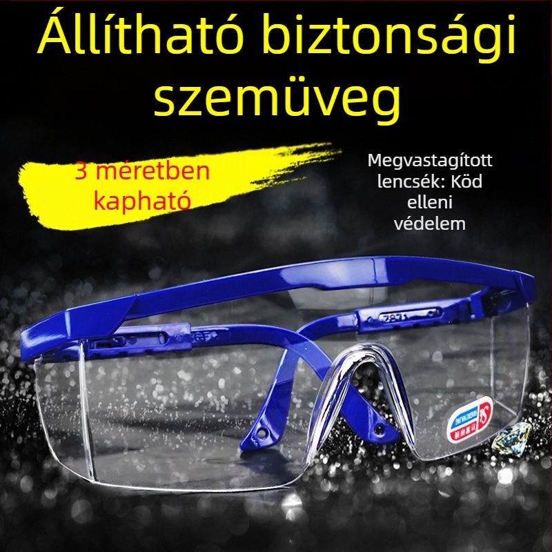 Védő szemüveg por-, páramentesítő és fröccsenés elleni védelemmel; átlátszó lencsék, lélegző kialakítás, állítható karok, kék keret.