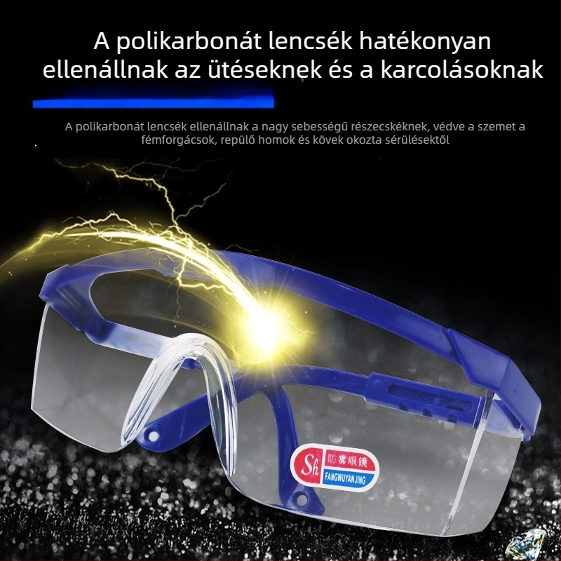 Védő szemüveg por-, páramentesítő és fröccsenés elleni védelemmel; átlátszó lencsék, lélegző kialakítás, állítható karok, kék keret.