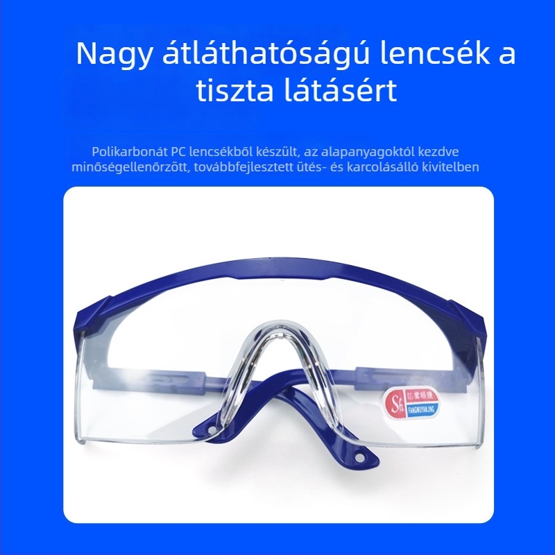 Védő szemüveg por-, páramentesítő és fröccsenés elleni védelemmel; átlátszó lencsék, lélegző kialakítás, állítható karok, kék keret.