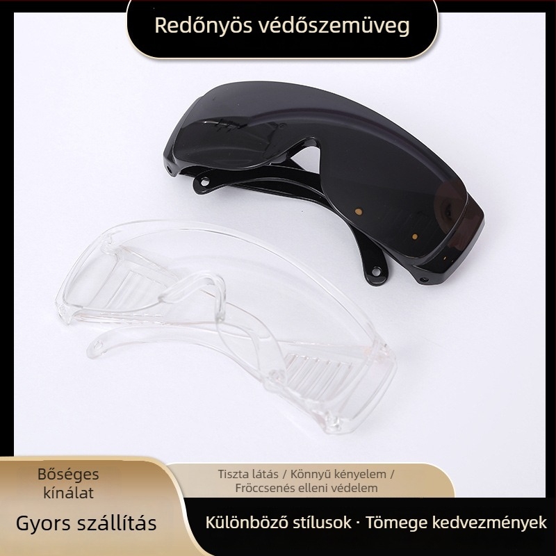 Laboratóriumi védőszemüveg polikarbonátból, átlátszó, páramentes, ellenáll a fröccsenéseknek, por és homok