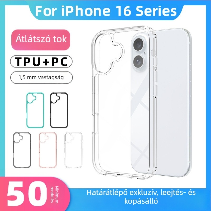 Készleten: Átlátszó 1,5 mm-es akril tok iPhone 16 Plushoz, 2 az 1-ben, teljes lefedettségű ütésálló védelem