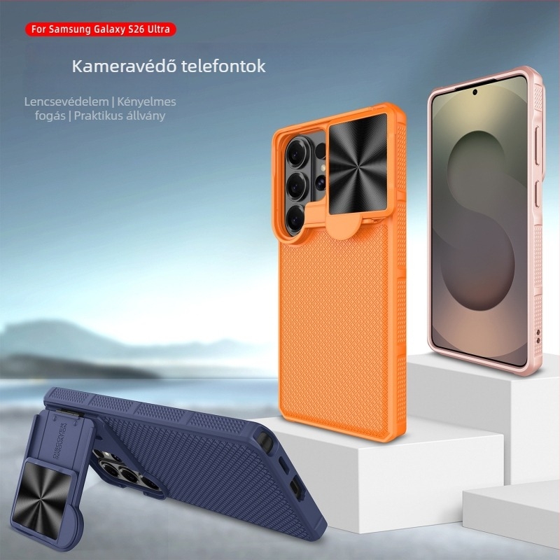 Samsung Galaxy S26 Ultra PC+TPU védőtok Négyzethálós mintával és beépített kihajtható állvánnyal