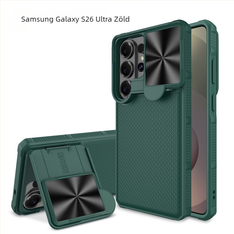 Samsung Galaxy S26 Ultra PC+TPU védőtok Négyzethálós mintával és beépített kihajtható állvánnyal