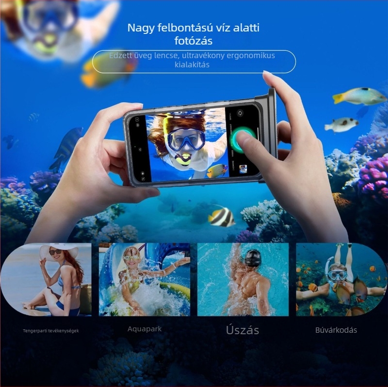 Vízálló tok iPhone-sorozathoz önellenőrző vízállósággal, 30 m merülési mélység, PC anyag, kettős vízzárás, érintőképernyő nedves kézzel is használható, kristálytiszta hívások, testreszabás támogatott