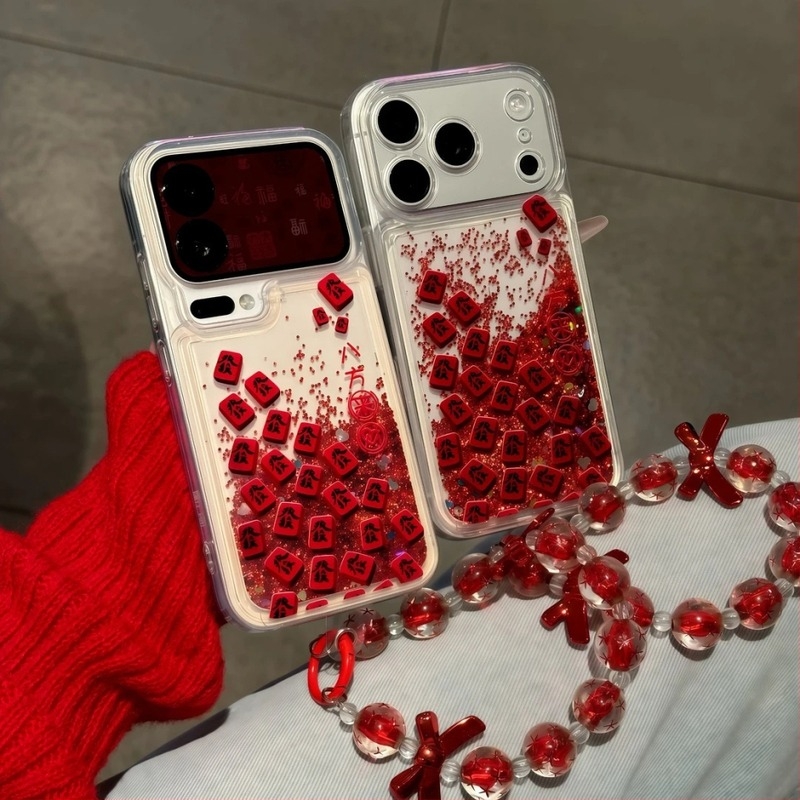 Újév témájú vörös‑arany folyékony homok glitter Mahjong mintás tok, kompatibilis iPhone 17, iPhone 16/15 Pro, karkötő-stílusú iPhone 14-hez, népszerű iPhone 13 modellhez