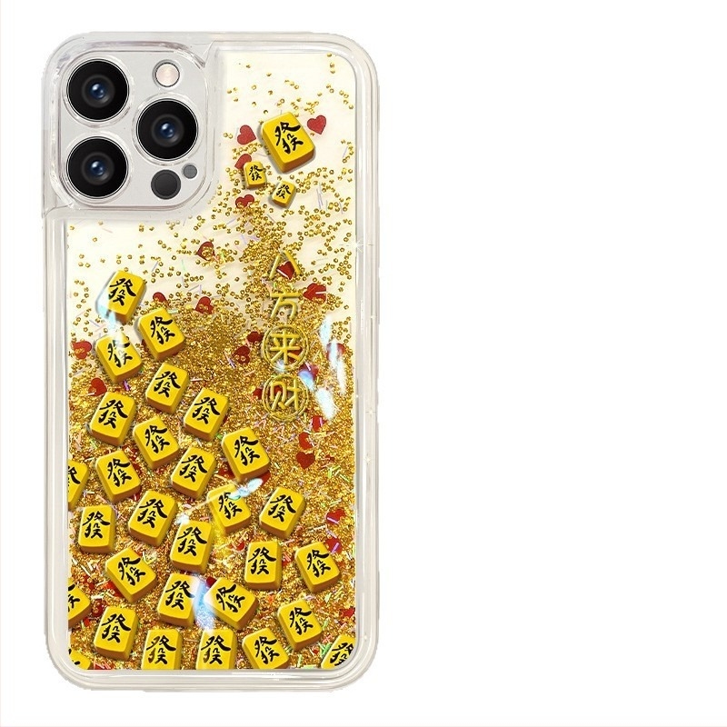 Újév témájú vörös‑arany folyékony homok glitter Mahjong mintás tok, kompatibilis iPhone 17, iPhone 16/15 Pro, karkötő-stílusú iPhone 14-hez, népszerű iPhone 13 modellhez