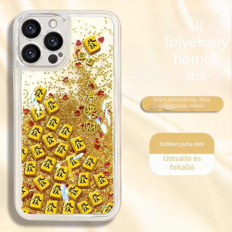 Újév témájú vörös‑arany folyékony homok glitter Mahjong mintás tok, kompatibilis iPhone 17, iPhone 16/15 Pro, karkötő-stílusú iPhone 14-hez, népszerű iPhone 13 modellhez