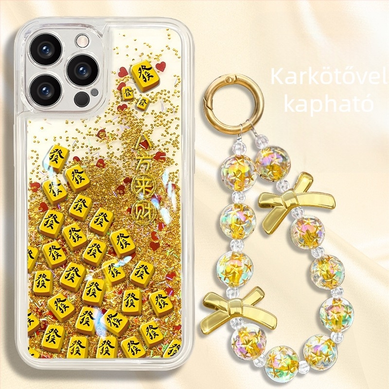 Újév témájú vörös‑arany folyékony homok glitter Mahjong mintás tok, kompatibilis iPhone 17, iPhone 16/15 Pro, karkötő-stílusú iPhone 14-hez, népszerű iPhone 13 modellhez