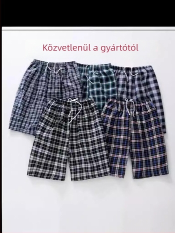 Nyári férfi kockás pamut rövidnadrág, nyomtatott, laza fazon, kényelmes otthonra és a strandra