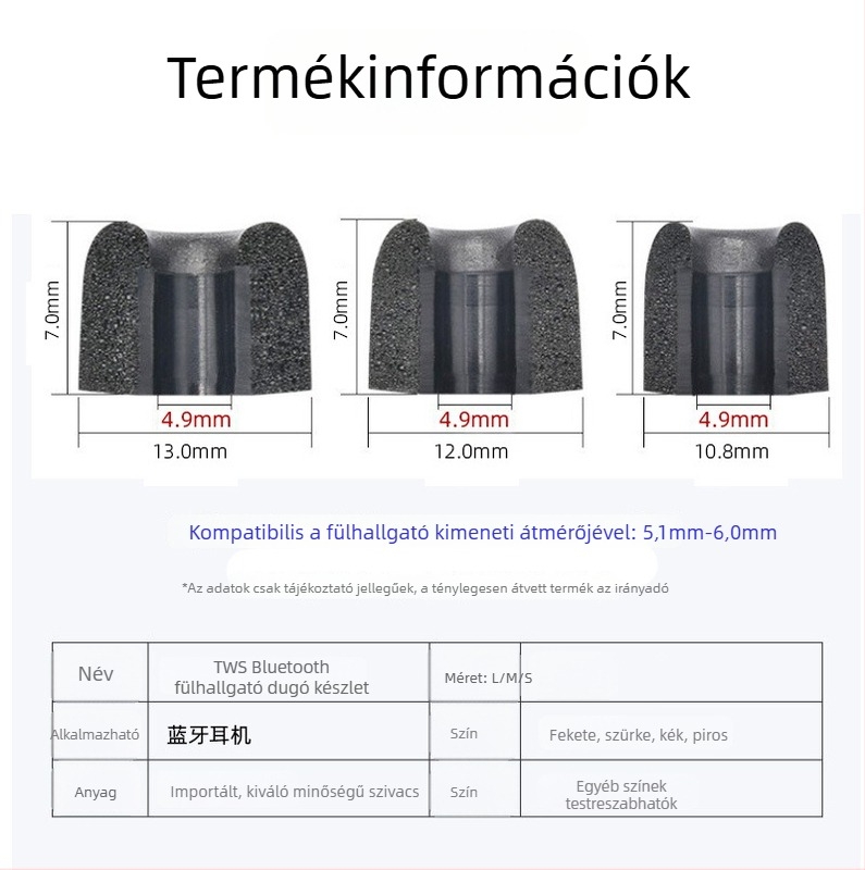 4,9 mm-es nyílású TWS memóriahabos fülbetét – lassú visszaalakulású hab, zajcsökkentés, belső fülhallgató kiegészítő