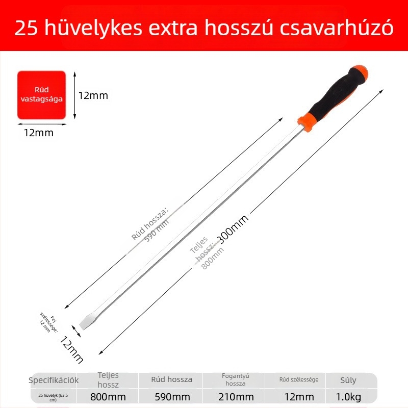 Extrahosszú laposfejű csavarhúzó kinyújtott tengellyel, nagy méret, katonai stílus