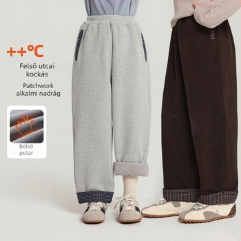Kislányoknak készült fleece-bélelt hosszú nadrág, kockás patchwork dizájnnal, téli 2025, meleg és kényelmes