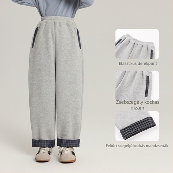 Kislányoknak készült fleece-bélelt hosszú nadrág, kockás patchwork dizájnnal, téli 2025, meleg és kényelmes
