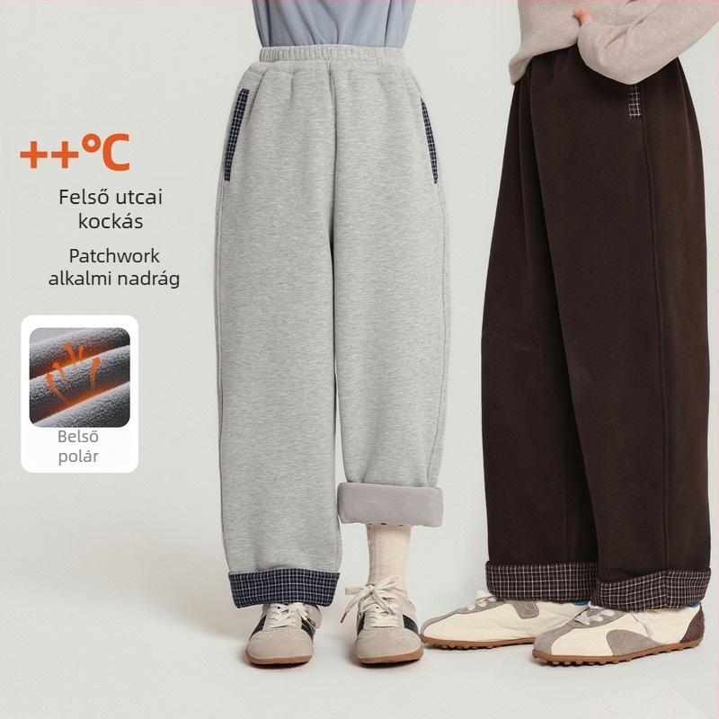Kislányoknak készült fleece-bélelt hosszú nadrág, kockás patchwork dizájnnal, téli 2025, meleg és kényelmes