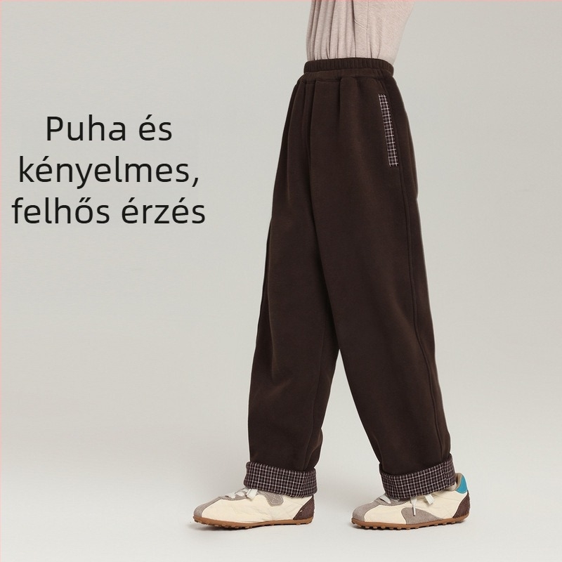 Kislányoknak készült fleece-bélelt hosszú nadrág, kockás patchwork dizájnnal, téli 2025, meleg és kényelmes