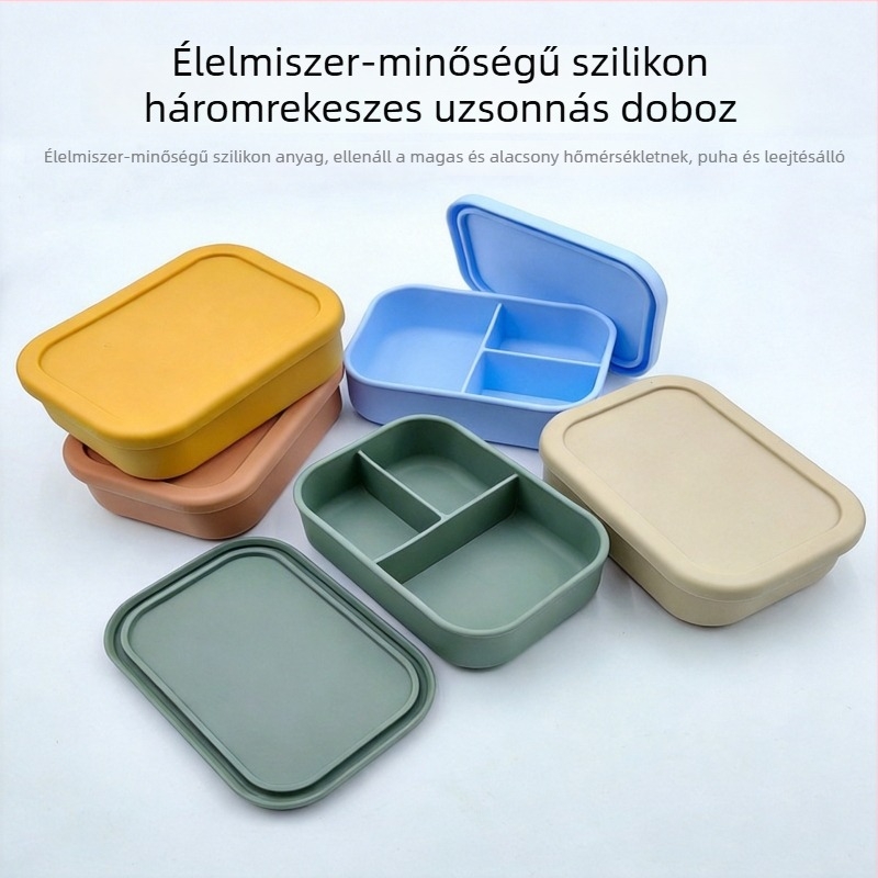 Élelmiszer-minőségű szilikon ebédhordó, háromrétegű, 800–1000 ml, mikrohullámú sütőben használható, irodai dolgozók és diákok számára